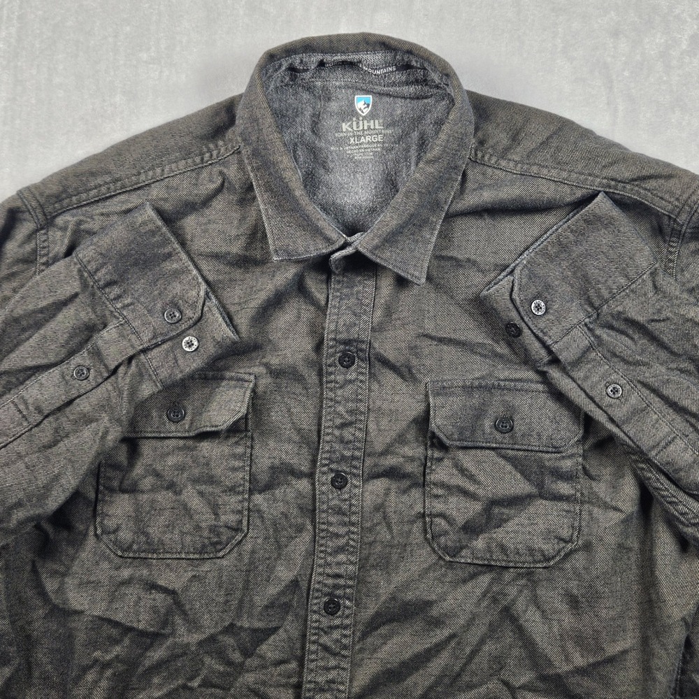 KUHL Descendr Flannel Shirt Mens XL Gray/Olive Button Up Chest Pockets Outdoor